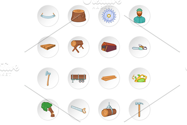 Timber industry icons set, cartoon