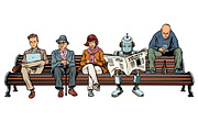 People and a robot sitting on a Park