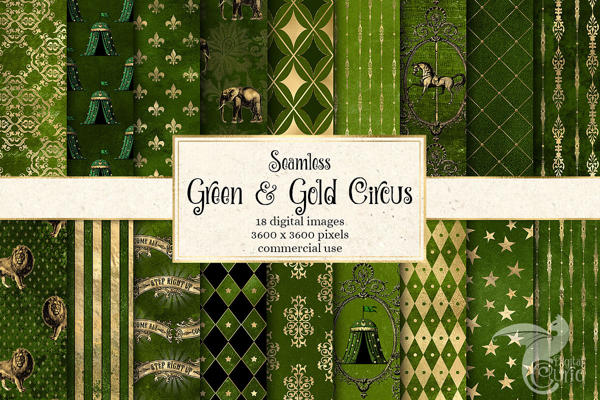 Green and Gold Circus Digital Paper in Patterns - product preview 8