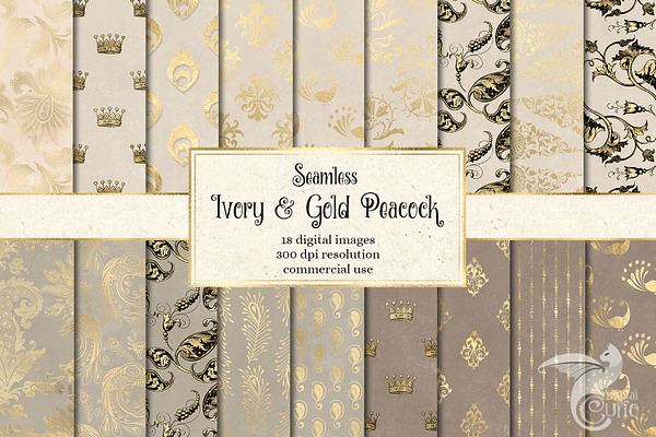 Ivory & Gold Peacock Digital Paper