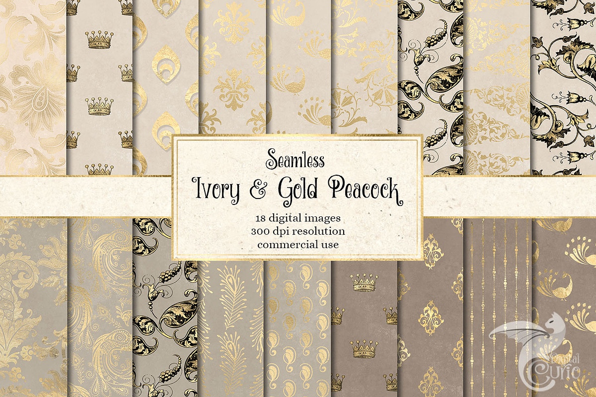 Ivory & Gold Peacock Digital Paper in Patterns - product preview 8