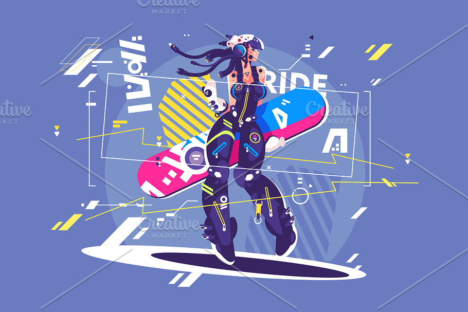Girl in sportswear with snowboard in Illustrations - product preview 8