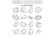 Child toys icons set, outline style