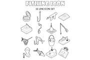 Fishing icons set, outline style