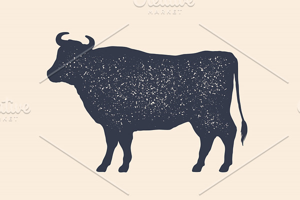 Cow, silhouette. Vintage logo, retro