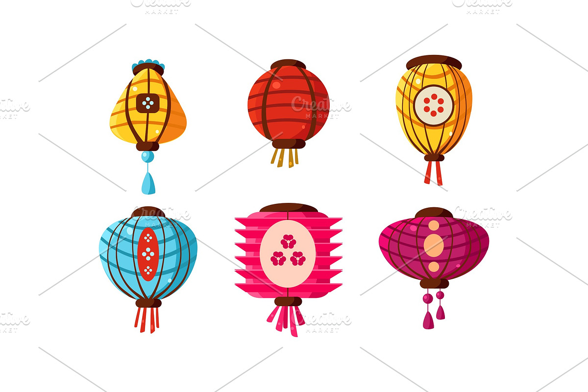 Colorful Chinese paper lanterns set in Objects - product preview 8