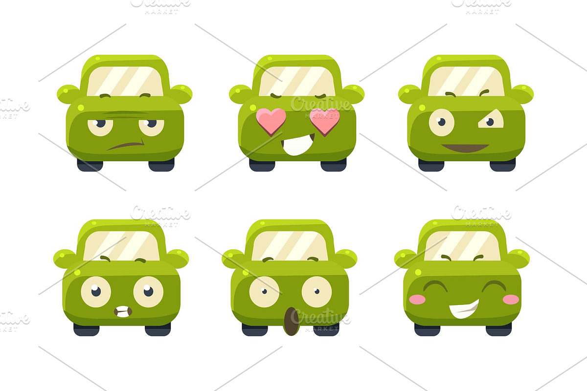 Car emoticons set, cute green car in Illustrations - product preview 8