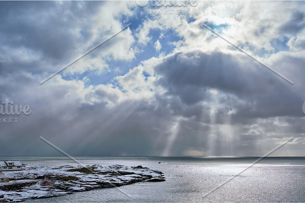 Norwegian sea in winter with sun