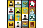 Religious symbol icons set, flat