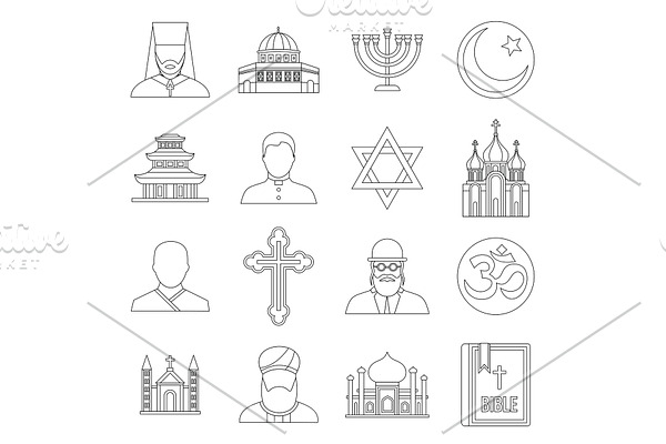 Religious symbol icons set, outline