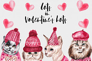 Watercolor Cats In Valentine's Hats