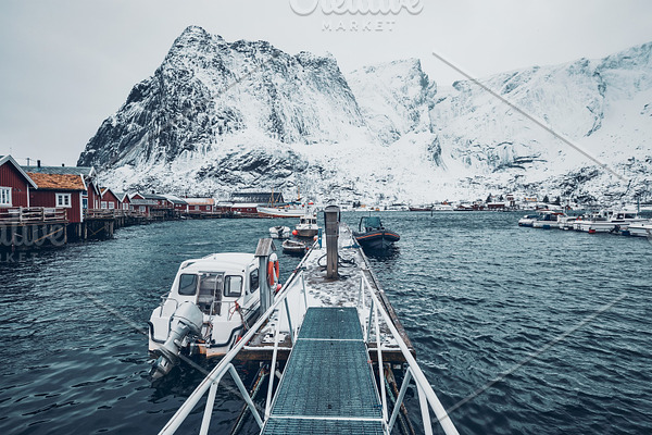 Pier with boats in Reine, Norway