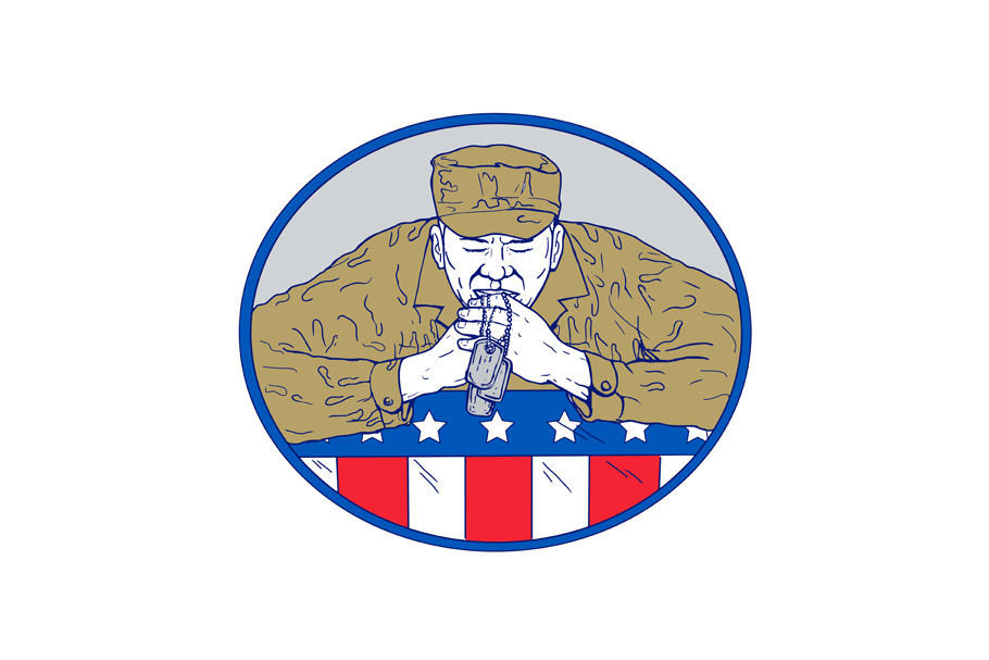 American Soldier Praying Drawing Col