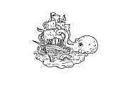 Kraken Attacking Sailing Ship Doodle