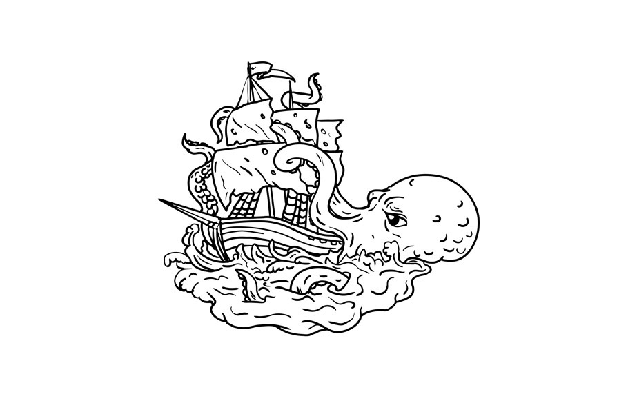 Kraken Attacking Sailing Ship Doodle