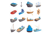 Sea transport icons set, cartoon