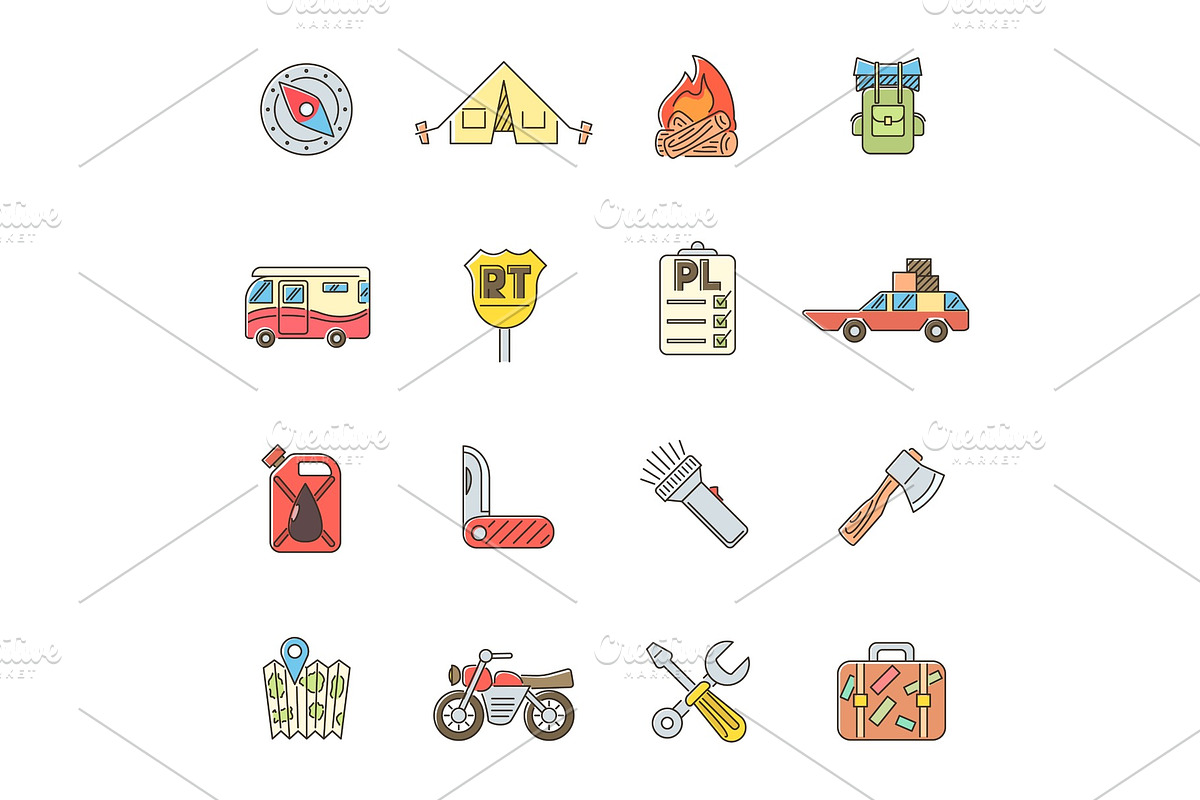 Travel icons set, flat outline style in Illustrations - product preview 8