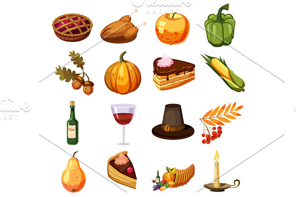 Thanksgiving Day icons set, cartoon