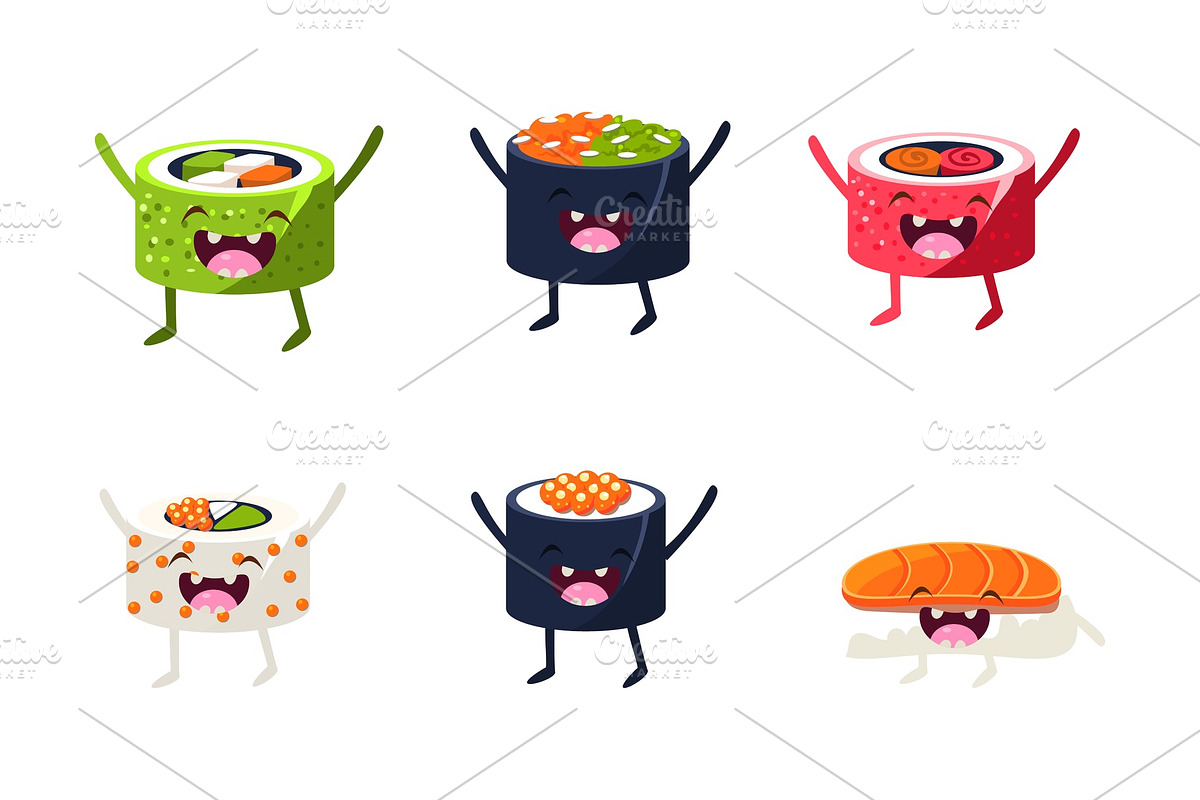 Funny sushi characters set, asian in Illustrations - product preview 8