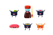 Funny sushi characters set, soy