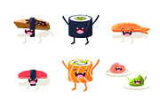 Funny sushi and roll characters set