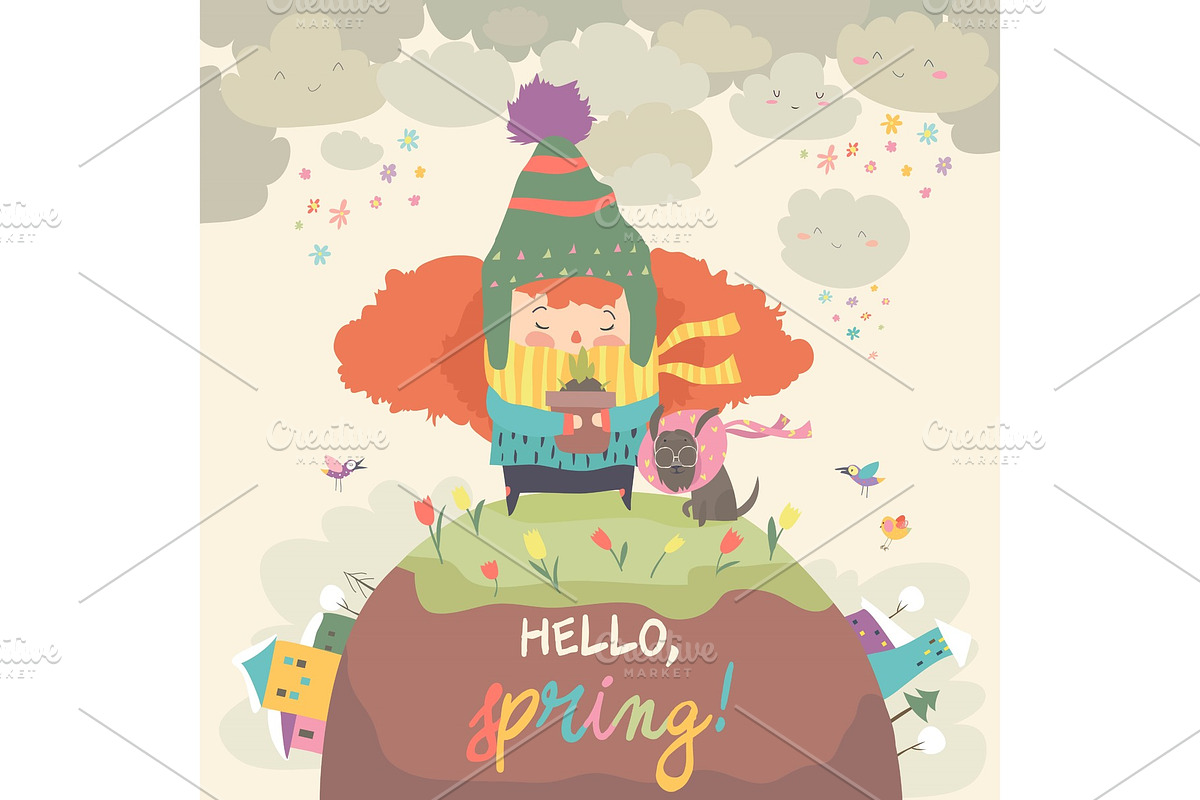 Cute girl holding pot with spring in Illustrations - product preview 8