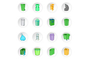 Trash can icons set, cartoon style