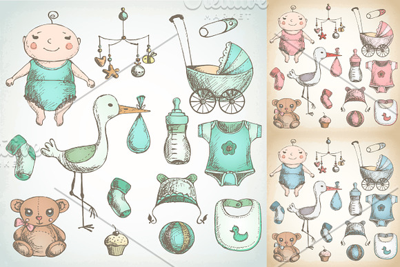 Baby shower. Hand drawn sketches. in Illustrations - product preview 1