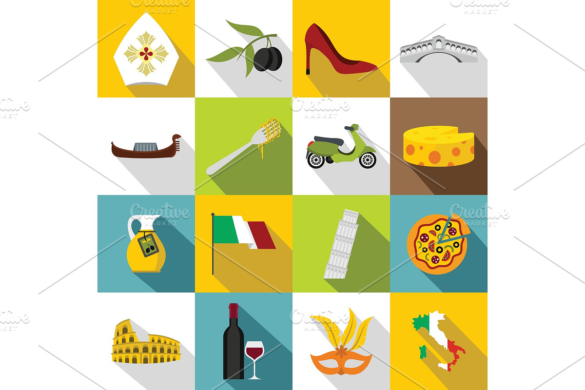 Italia icons set, flat style in Illustrations - product preview 8