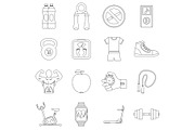 Fitness icons set, outline style