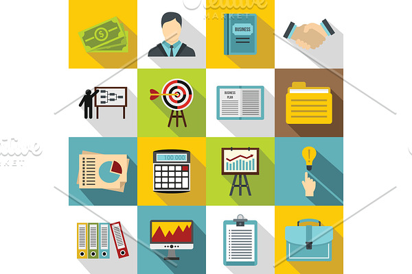 Business plan icons set, flat style