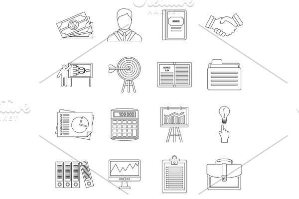 Business plan icons set, outline