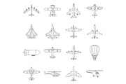 Aviation icons set, outline style