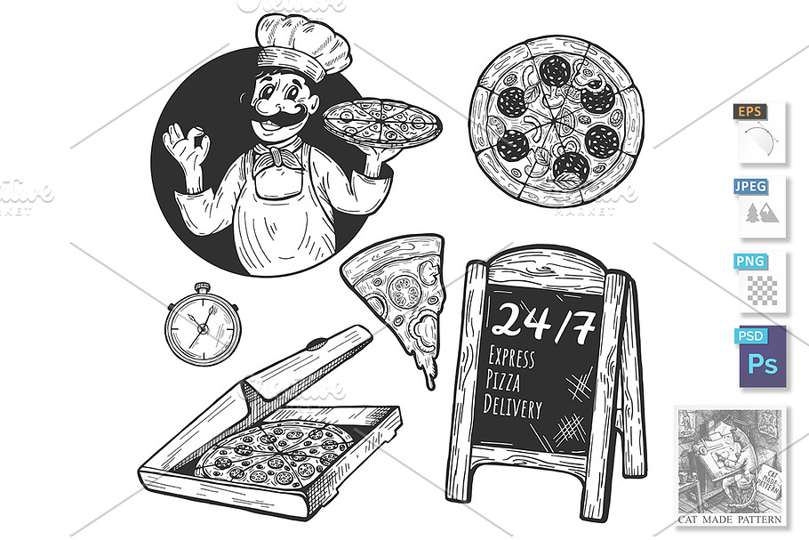 Express delivery  pizza set in Illustrations - product preview 8