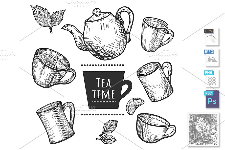 tea cups and pot set in Illustrations - product preview 8