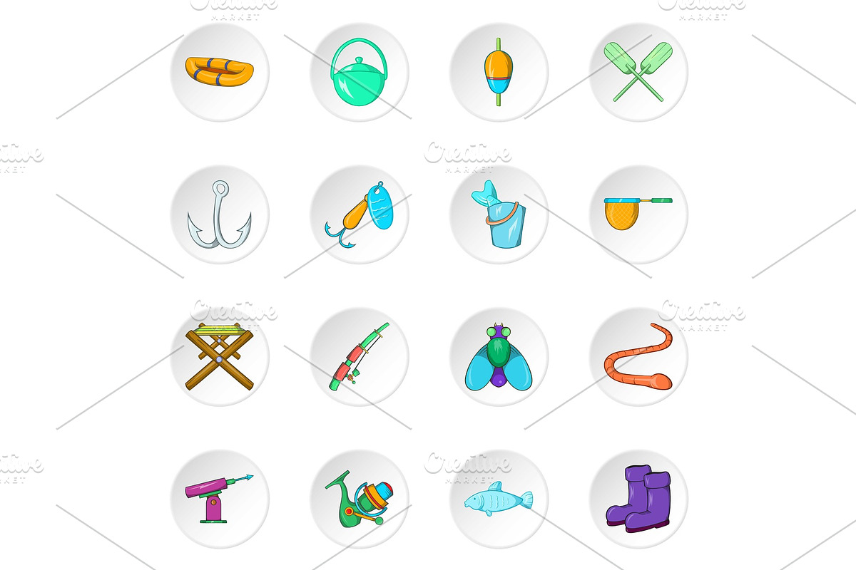 Fishing icons, cartoon style in Objects - product preview 8