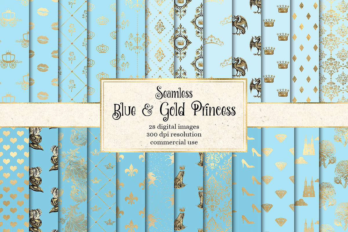 Blue and Gold Princess Digital Paper in Patterns - product preview 8