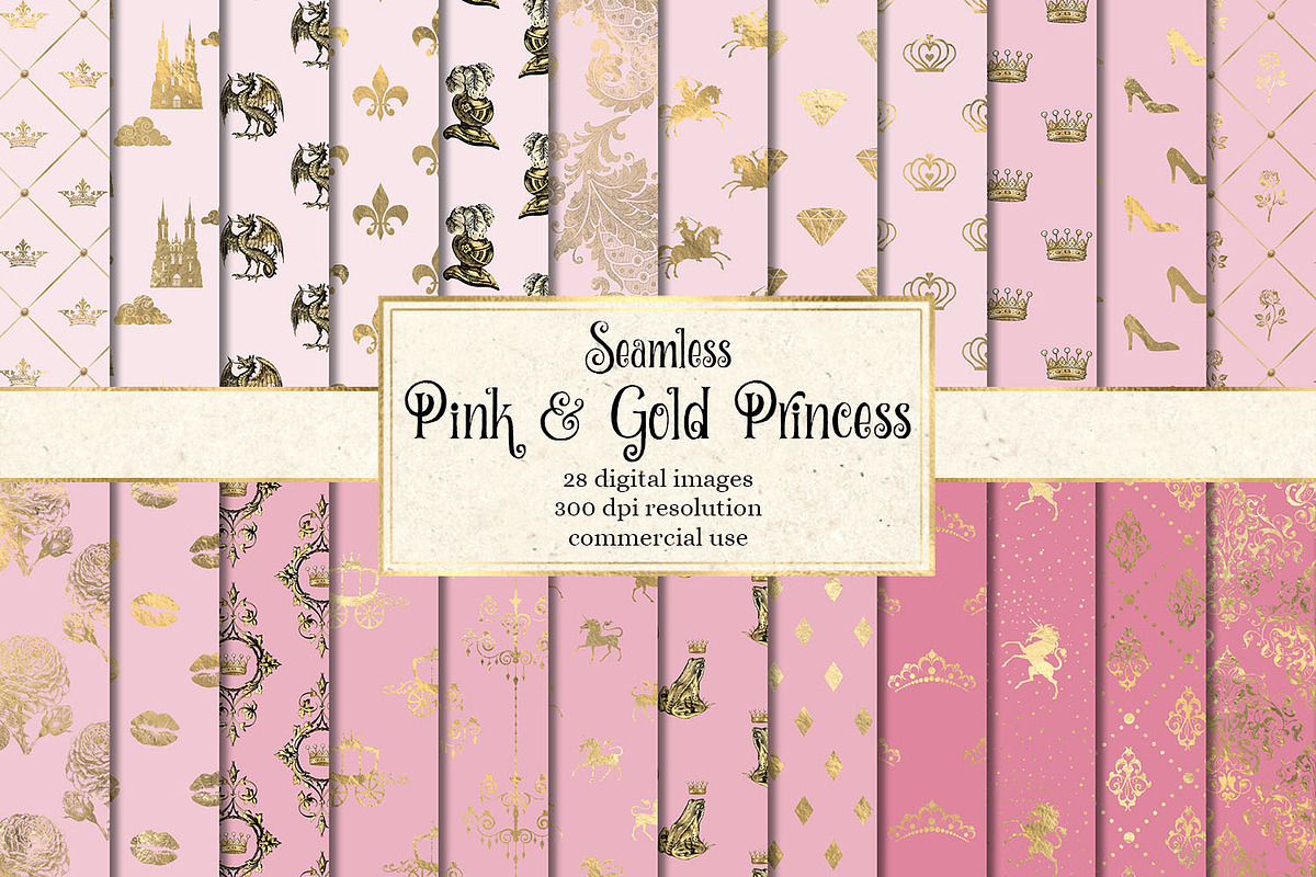 Pink and Gold Princess Digital Paper in Patterns - product preview 8