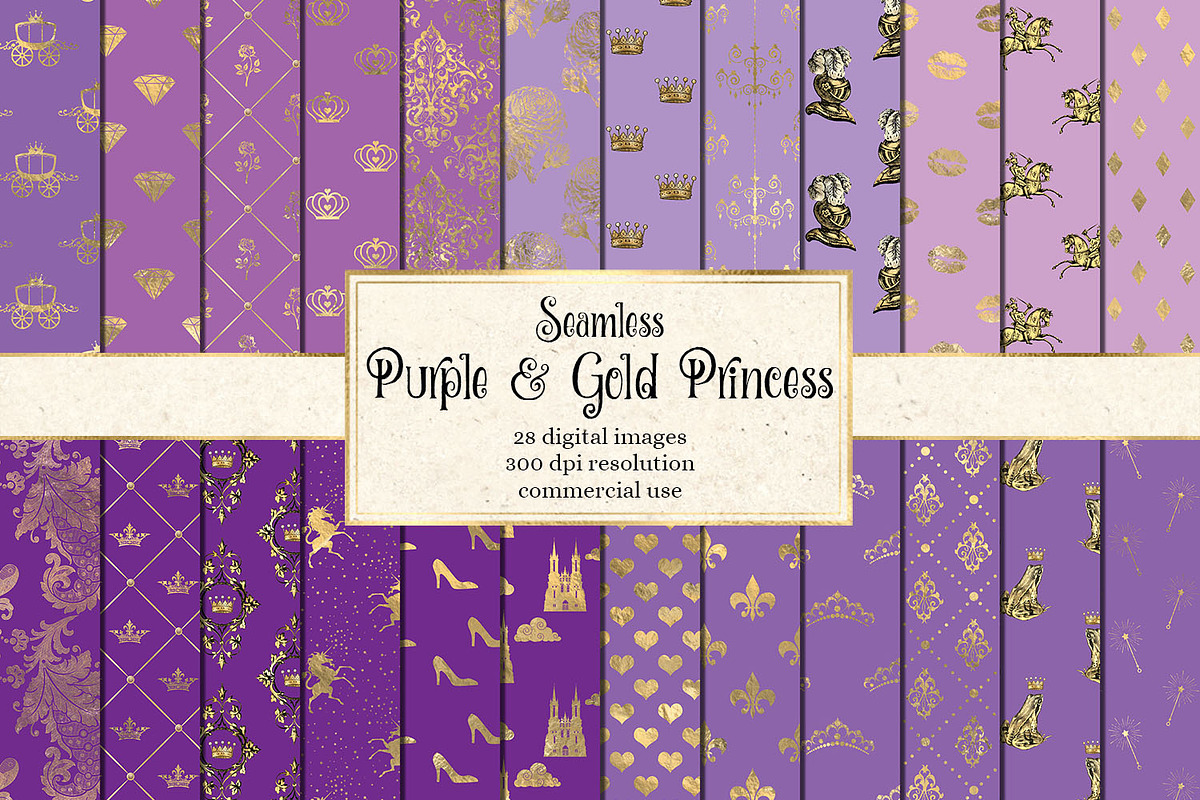 Purple & Gold Princess Digital Paper in Patterns - product preview 8