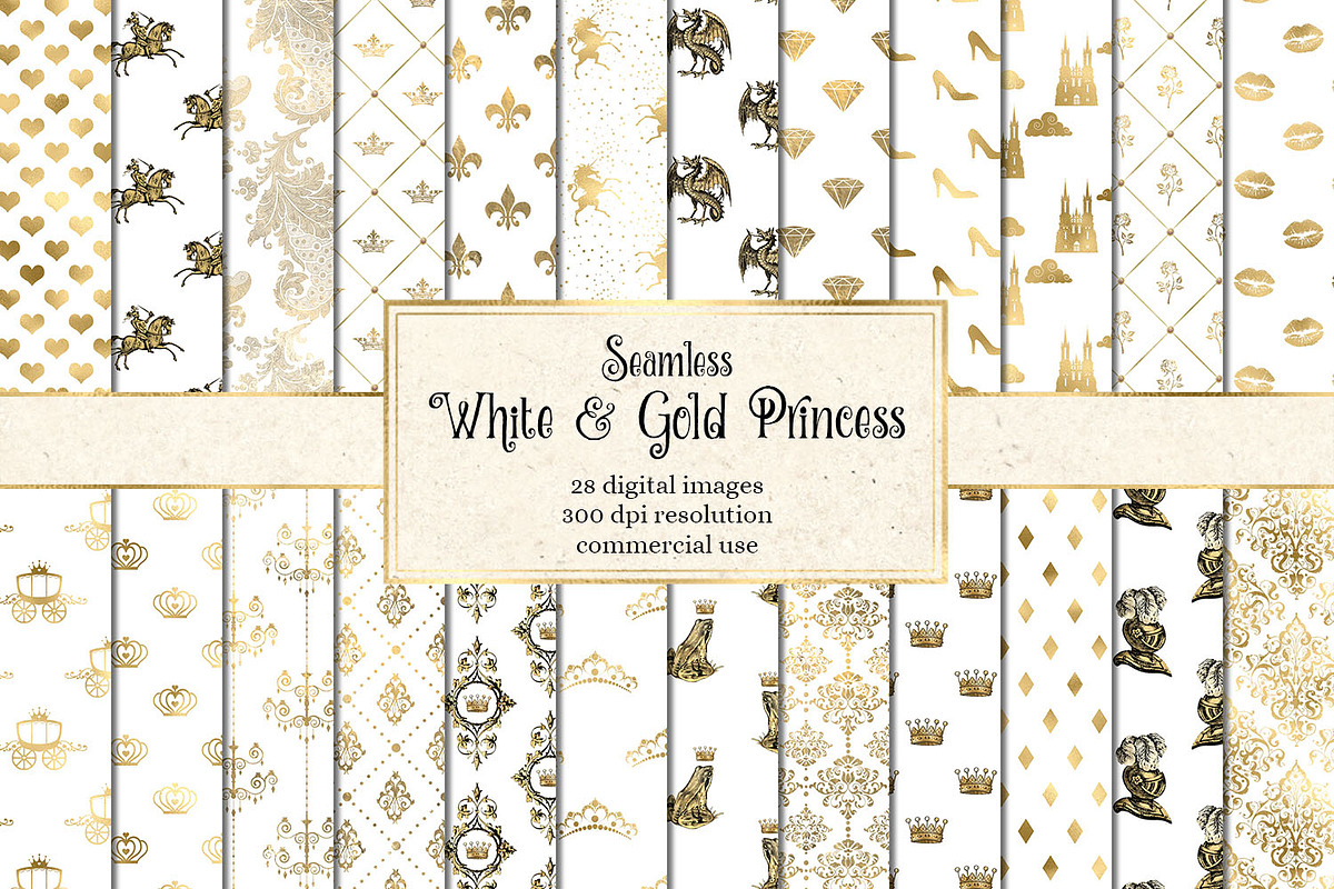 White & Gold Princess Digital Paper in Patterns - product preview 8