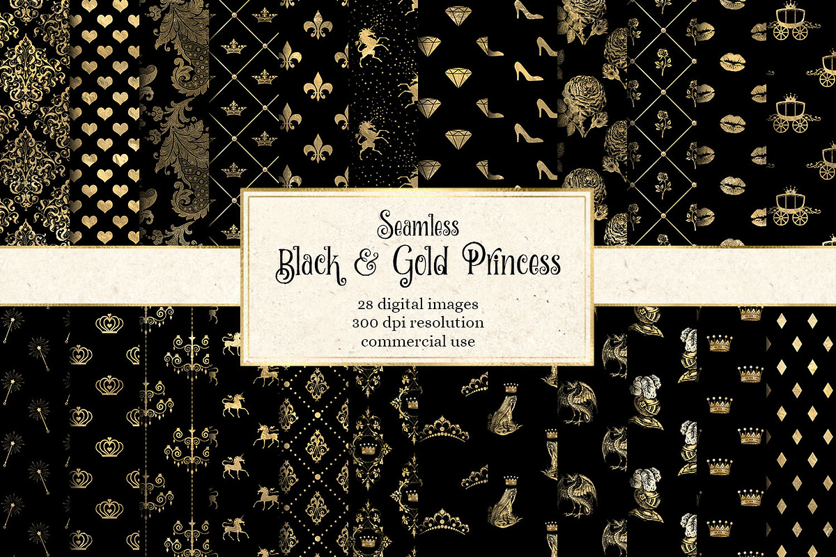 Black & Gold Princess Digital Paper in Patterns - product preview 8