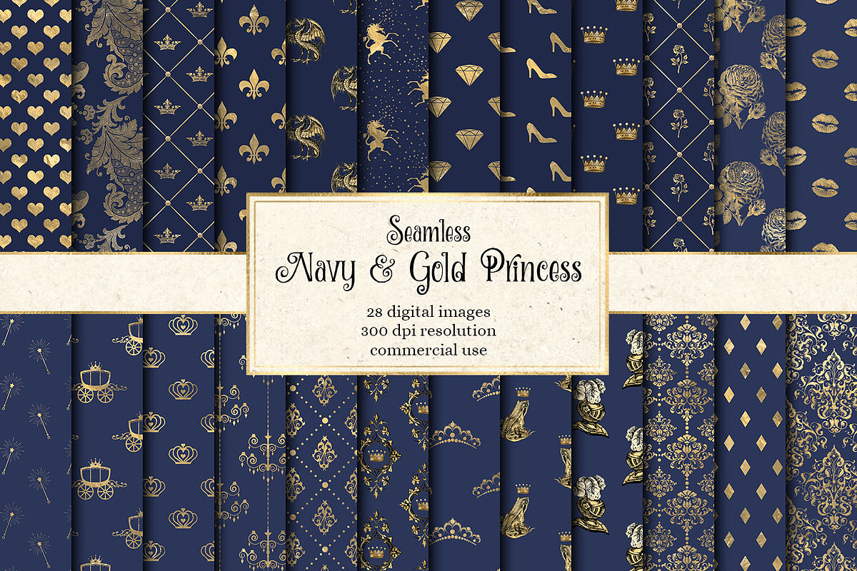 Navy and Gold Princess Digital Paper in Patterns - product preview 8