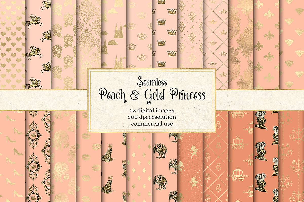 Peach & Gold Princess Digital Paper in Patterns - product preview 8