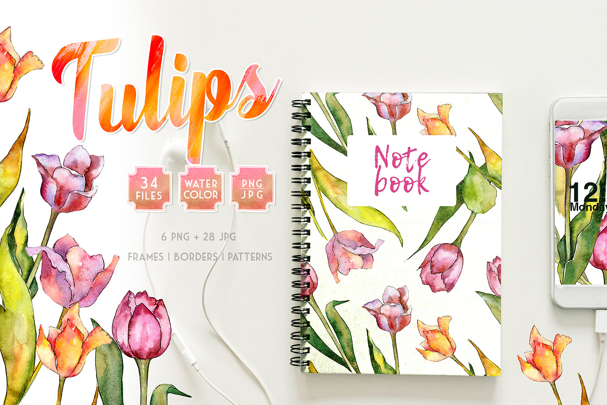 Tulips for Love  Watercolor png  in Illustrations - product preview 8
