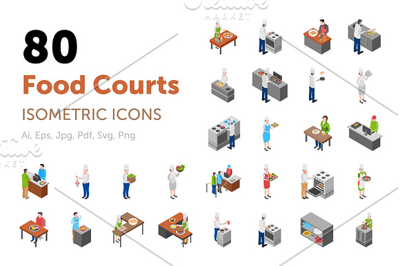 80 Food Courts Isometric Icons in Icons - product preview 2