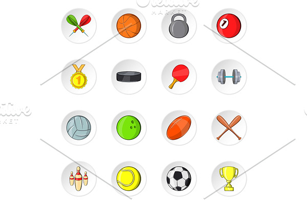 Sport equipment icons, cartoon style