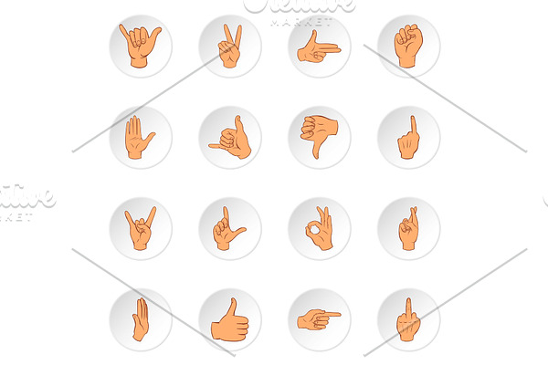 Hand gesture icons, cartoon style