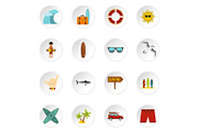 Surfing icons set, flat style