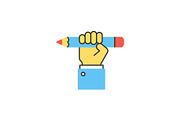 Hand holding pencil line icon