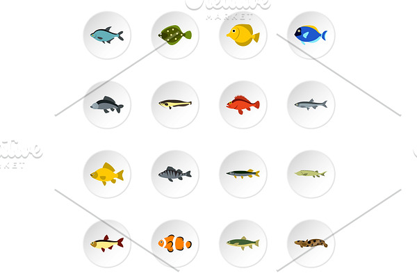 Fish icons set, flat style